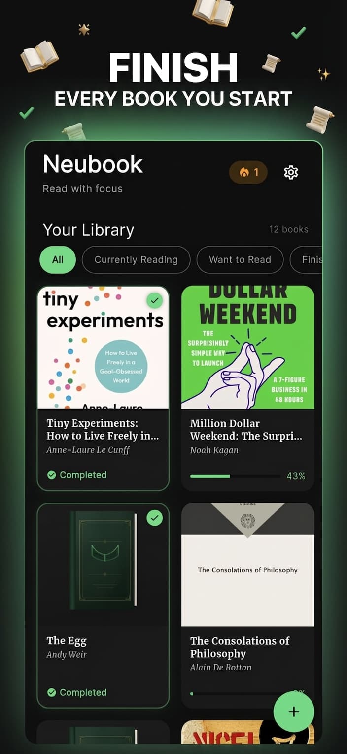 Neubook library with books and collections