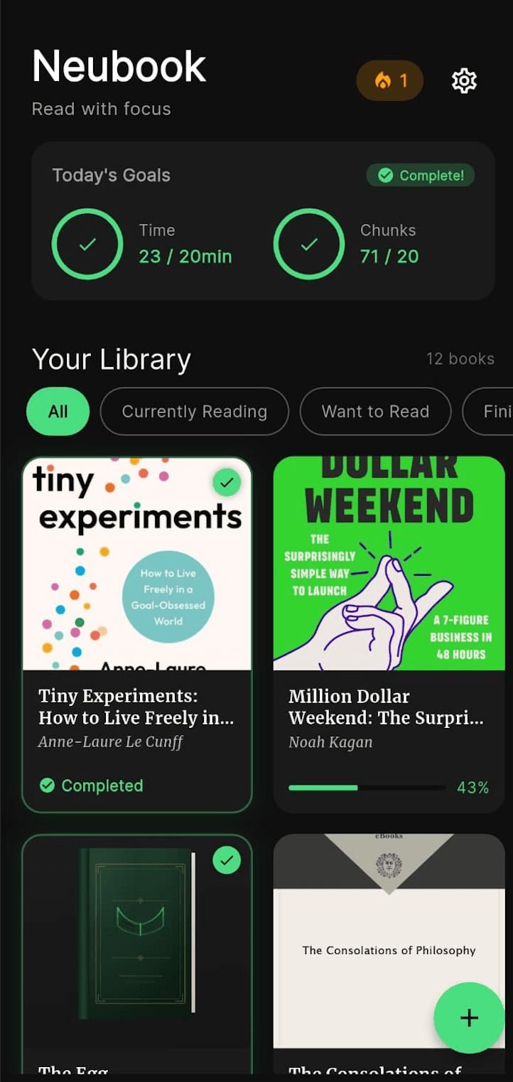 Neubook reading streaks and goals